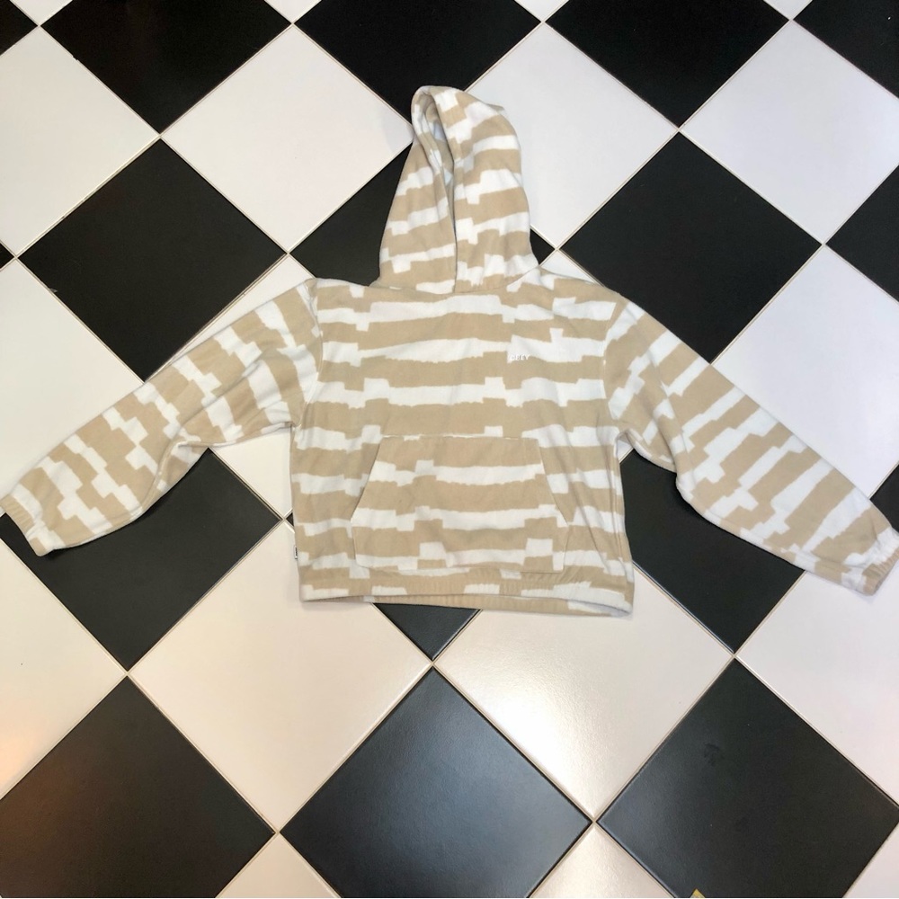 Obey Signal Polar Fleece Cropped Sweatshirt Striped Cream & Tan Hoodie Sherpa S